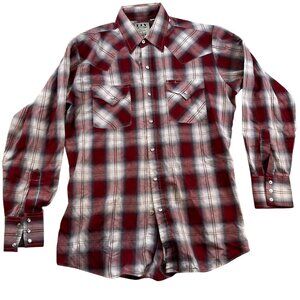 Ely Cattleman Mens Western Shirt M Plaid Long Sleeve Pearl Snap Button STAINS